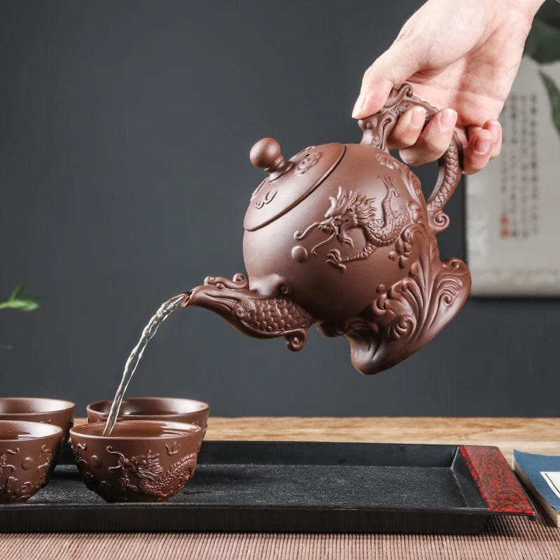 Yixing Clay Zisha Teapot, Large Handmade Dragon Teapot, Single Pot Ceramic Household Kungfu Tea Set, Tea Cup Set